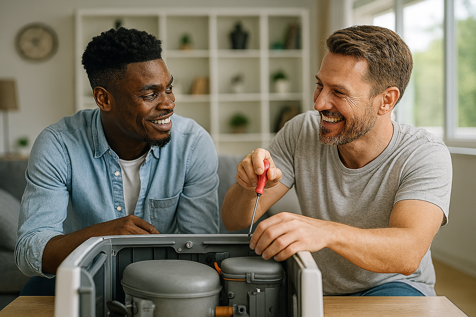 two men talking while mending a machine
