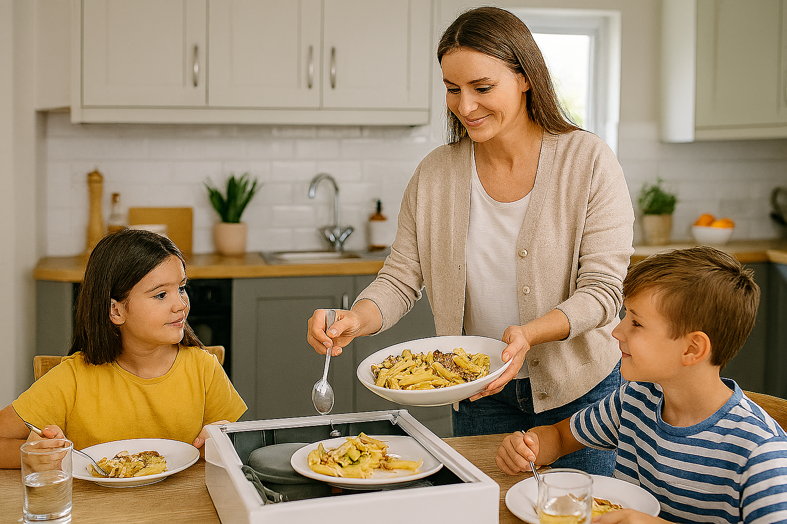 mother serving food to two children