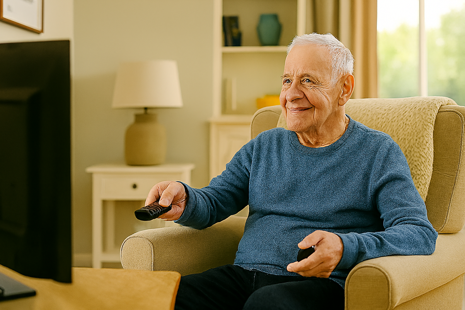 Pensioner sitting down watching tv