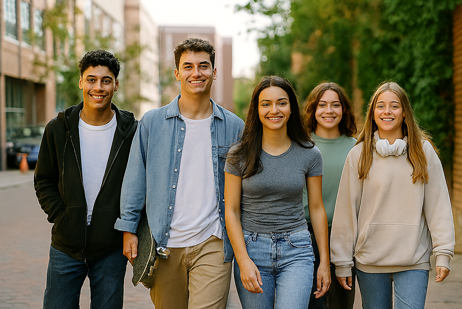 A group of teenagers walking up the street